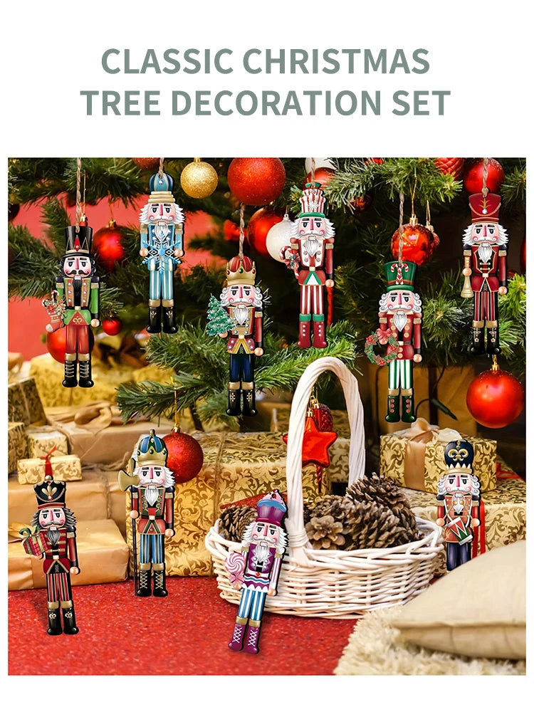Wooden Nutcracker Ornaments – Set of 12 Hanging Christmas Tree Decorations