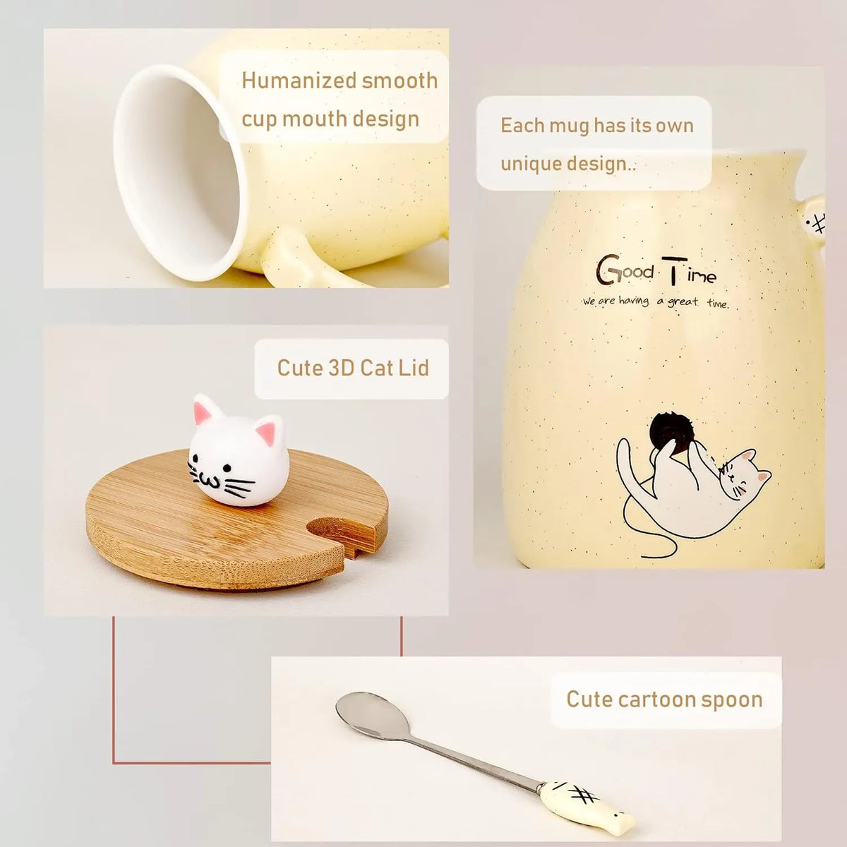 Cute Cat Mug with Lid & Spoon – Ceramic, 16oz
