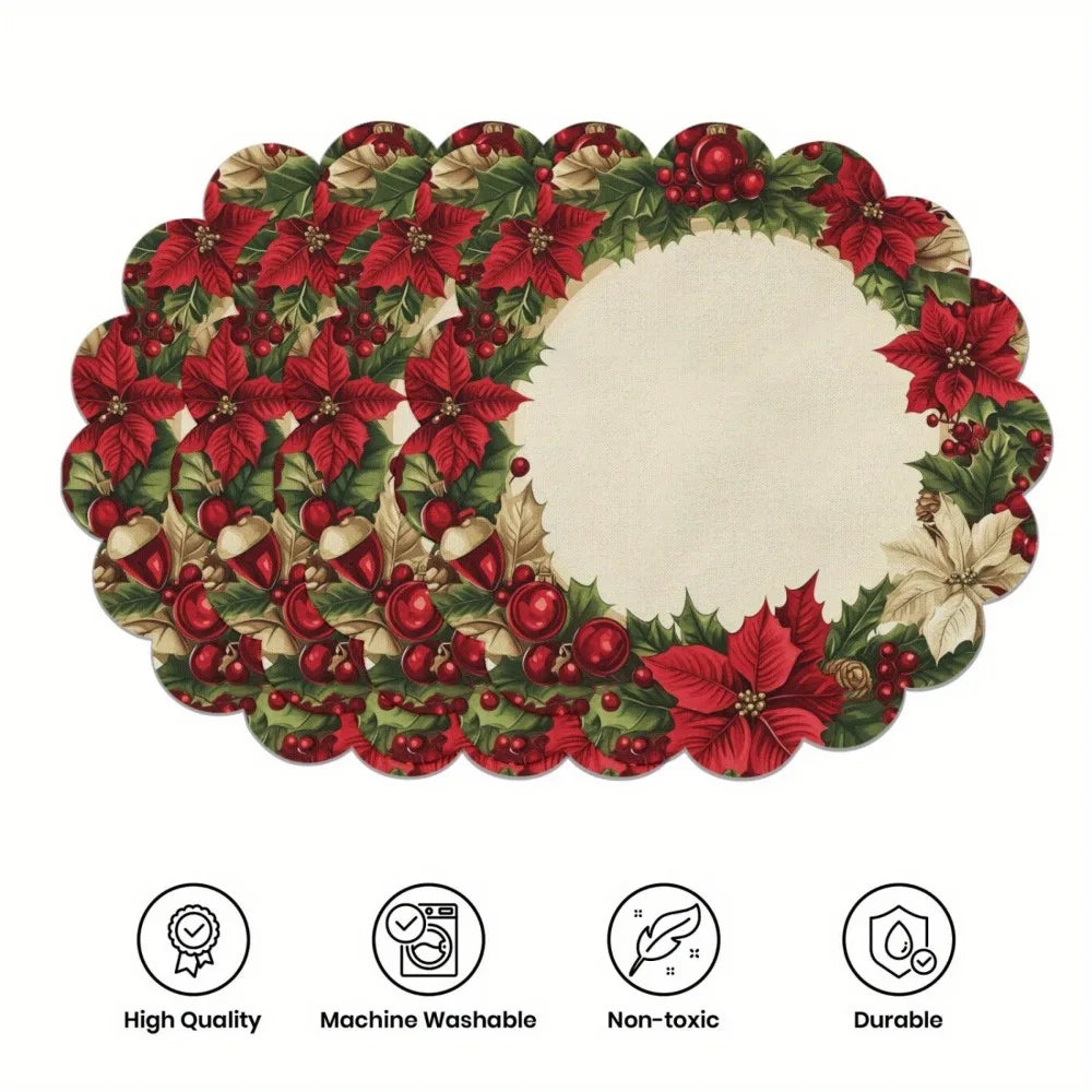 Christmas Placemats Set of 4 – Non-Slip, Heat-Resistant Round Table Mats