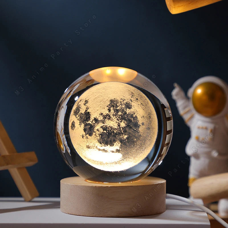 3D Crystal Ball Night Light with Wooden Base – Solar System, Moon & Galaxy Desk Lamp Gift