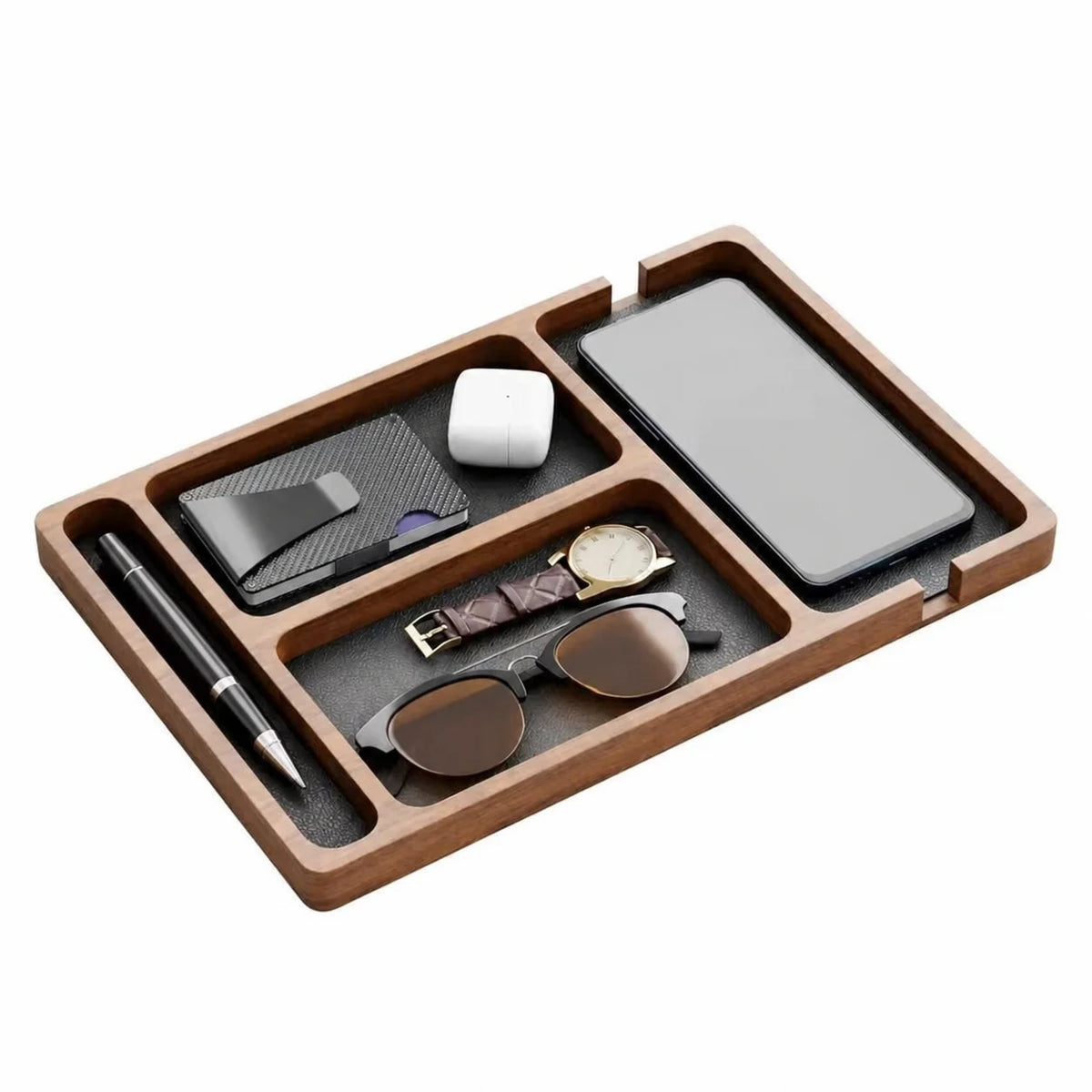 Solid Wood Desk Tray with Dividers – Phone, Keys & Earbuds Organiser