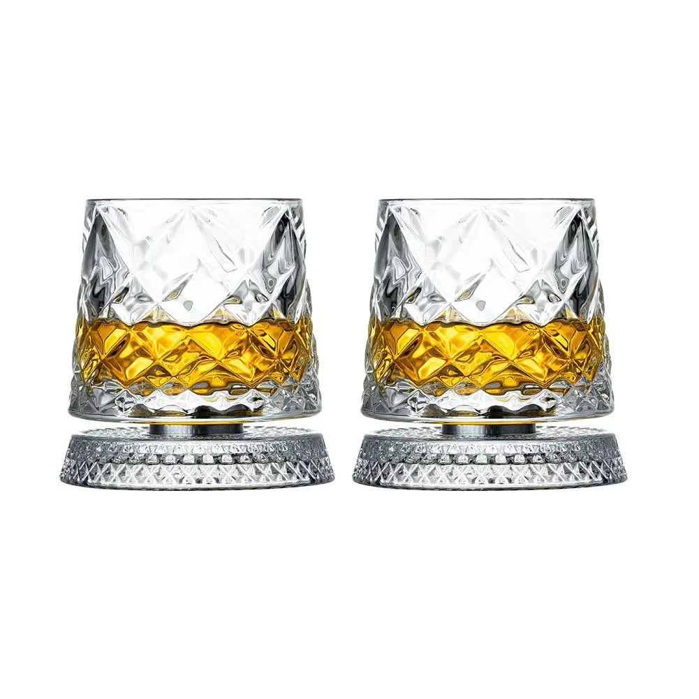 Spinning Whiskey Glasses Set of 2 – Rotating Whisky Tumblers with Glass Base, Gift for Him