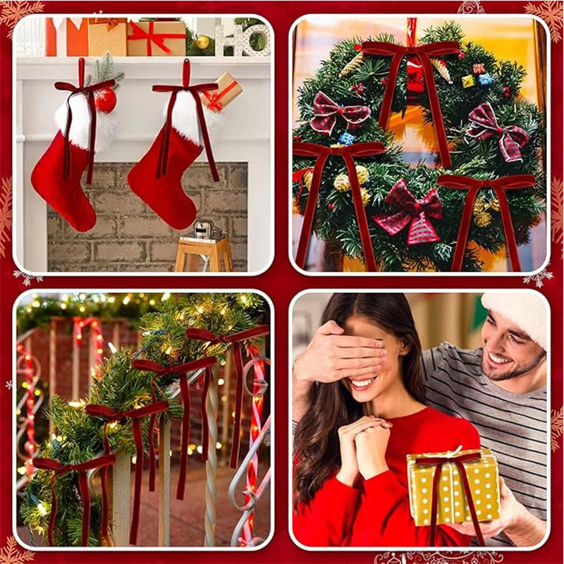 Velvet Ribbon Bows 18 cm – Vintage Christmas Tree Bows (10 or 20 Pack)