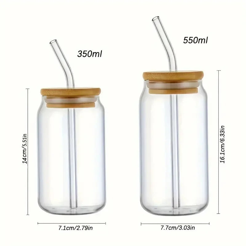 Can-Shaped Glass with Bamboo Lid & Straw – 350 ml or 550 ml Iced Coffee Glass