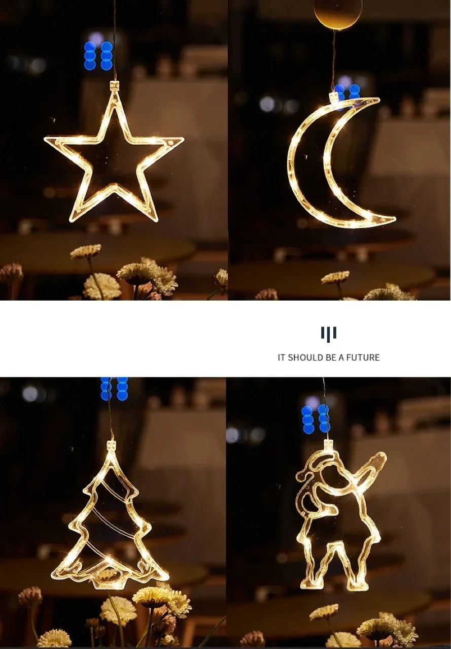 Battery LED Christmas Window Lights – Hanging Santa, Snowflake & Star Light Decorations