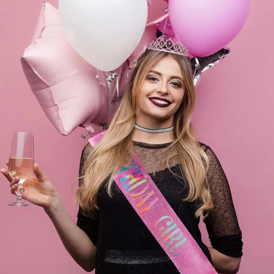 Birthday Queen Sash & Crystal Tiara Set – Birthday Girl Party Accessories for Any Age