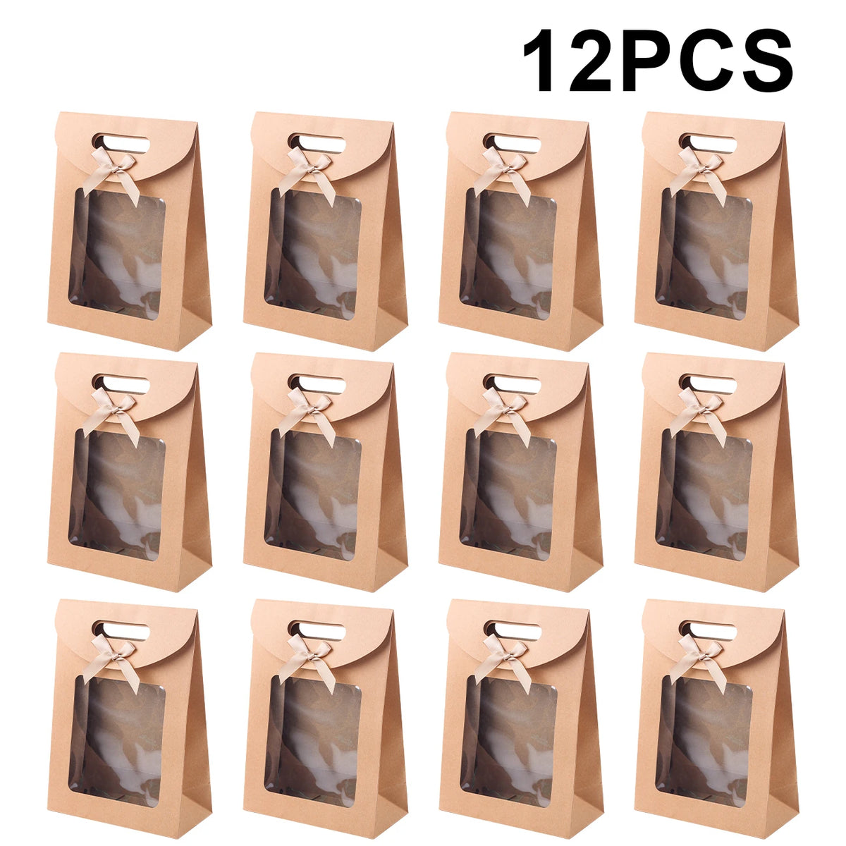 Kraft Paper Gift Bags with Window – Reusable Treat & Present Bags (6 or 12 Pack)