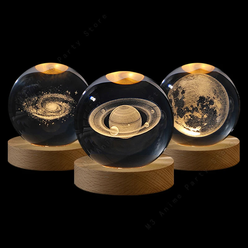 3D Crystal Ball Night Light with Wooden Base – Solar System, Moon & Galaxy Desk Lamp Gift