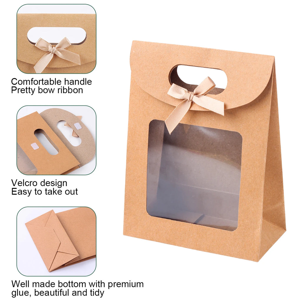 Kraft Paper Gift Bags with Window – Reusable Treat & Present Bags (6 or 12 Pack)