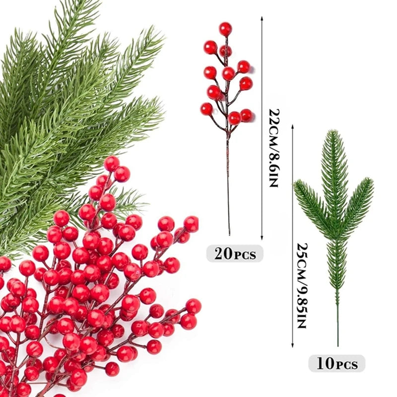 Artificial Pine & Holly Berry Picks – 10 Christmas Stems for Wreaths & Garlands