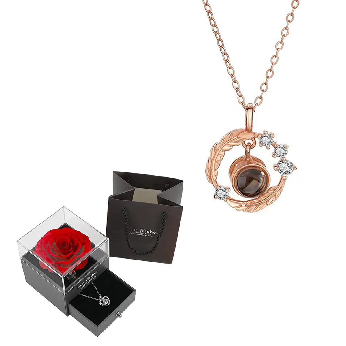 'I Love You' in 100 Languages Projection Necklace with Rose Gift Box