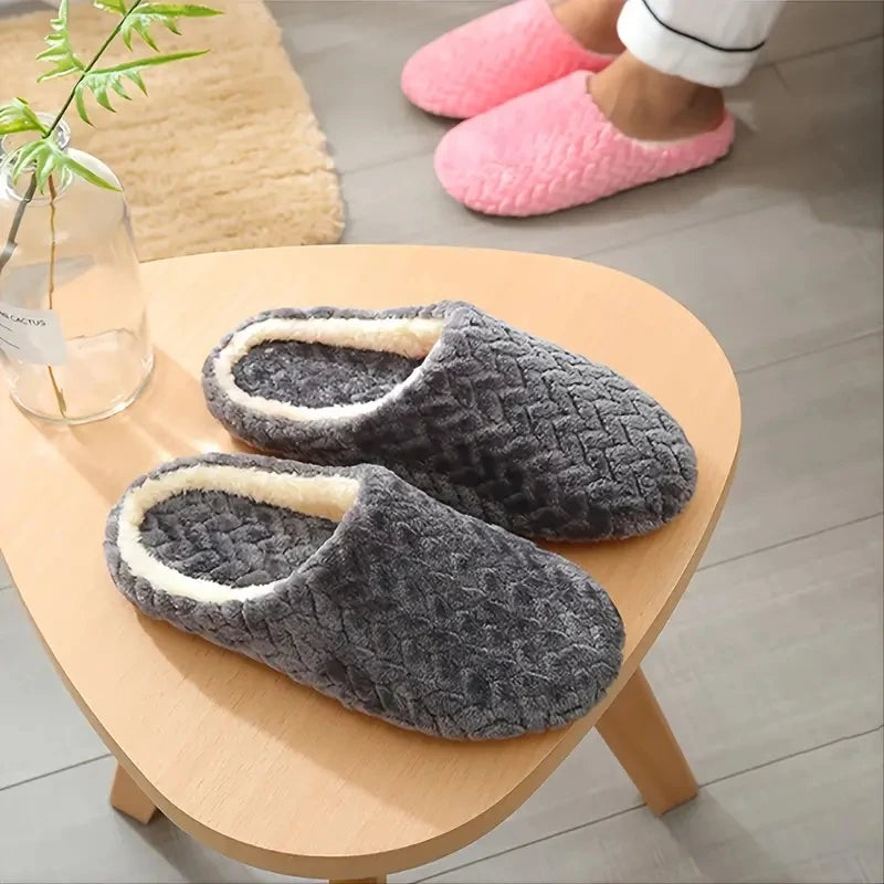 Anti-slip fluffy slides worn at home