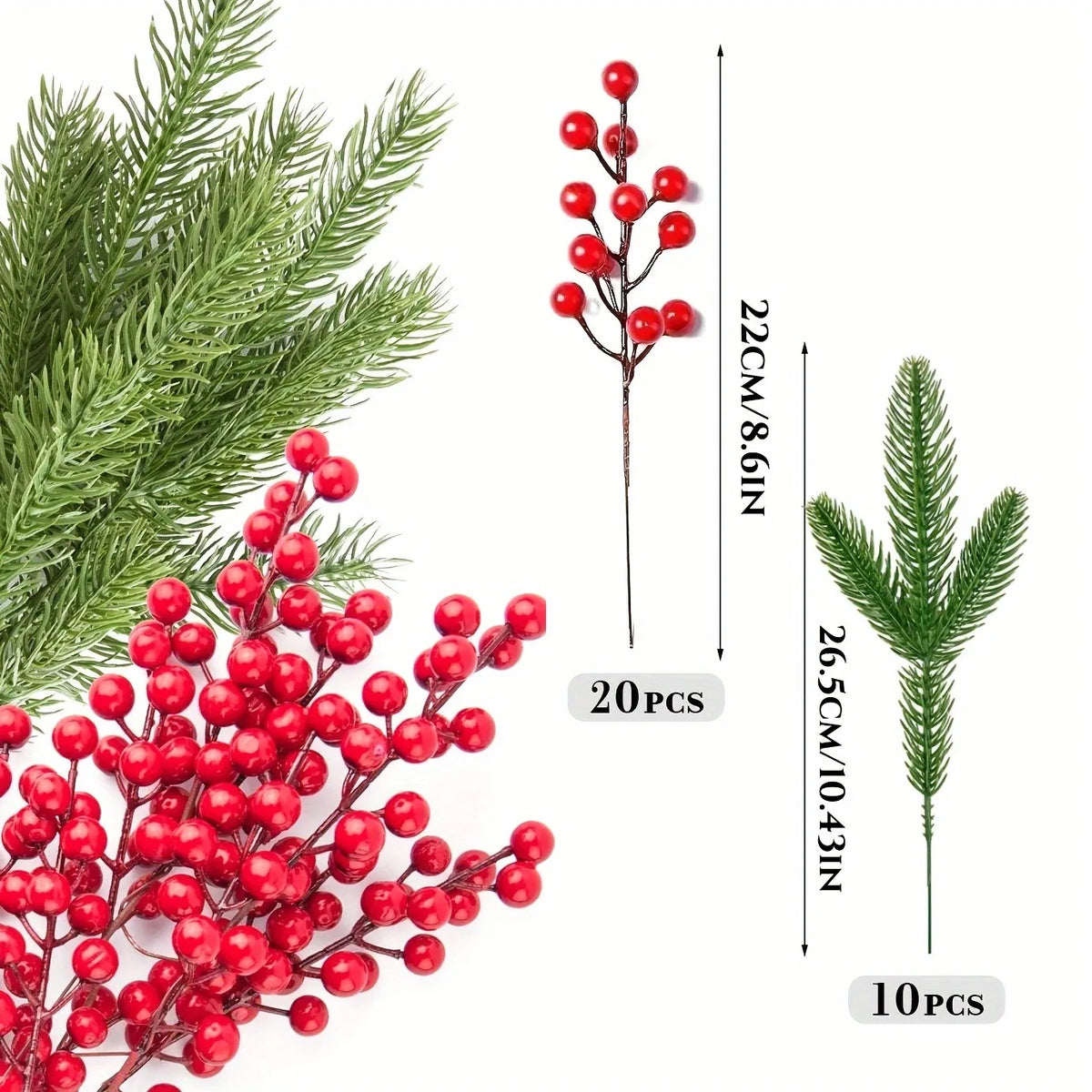 Artificial Pine & Holly Berry Picks – 10 Christmas Stems for Wreaths & Garlands
