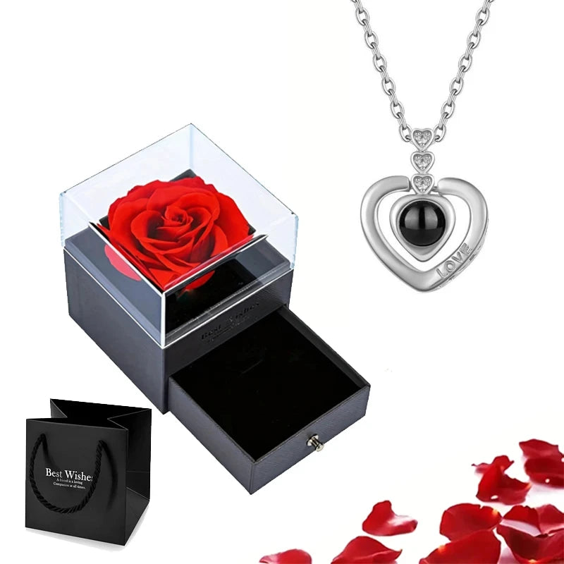 'I Love You' in 100 Languages Projection Necklace with Rose Gift Box