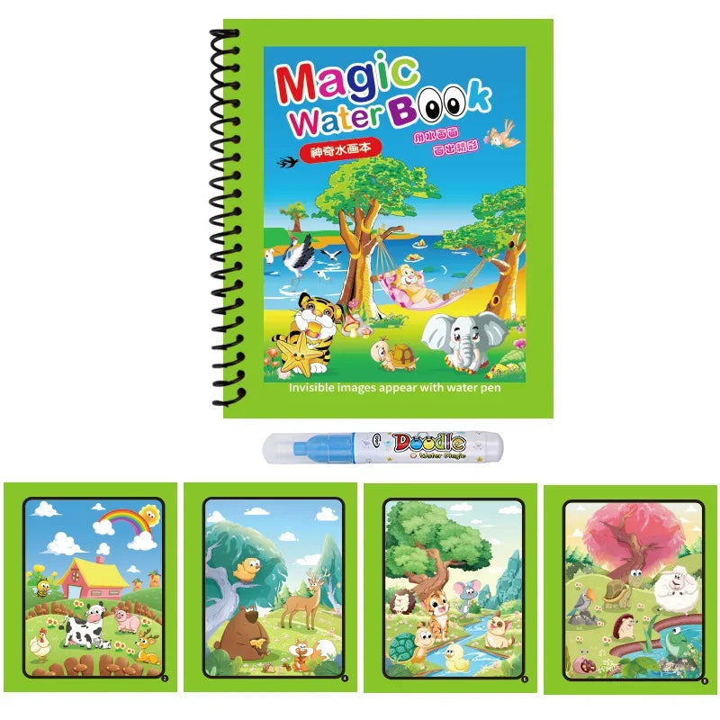 Magic Water Colouring Book with Pen – Reusable Mess-Free Kids Painting Book