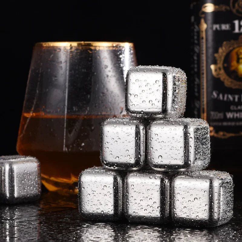 Stainless Steel Whisky Stones with Tongs – Reusable Ice Cubes (4, 6 or 8)