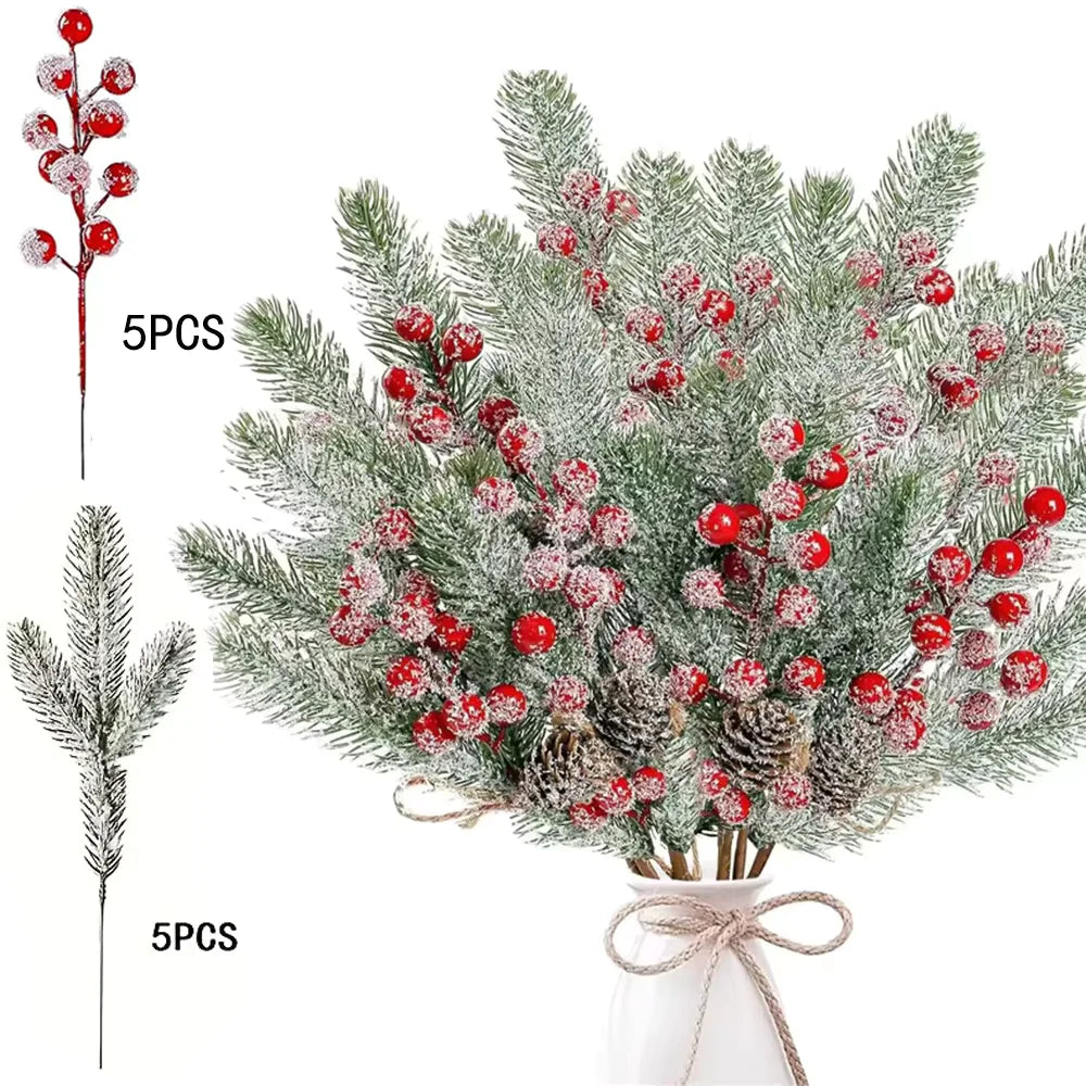 Artificial Pine & Holly Berry Picks – 10 Christmas Stems for Wreaths & Garlands