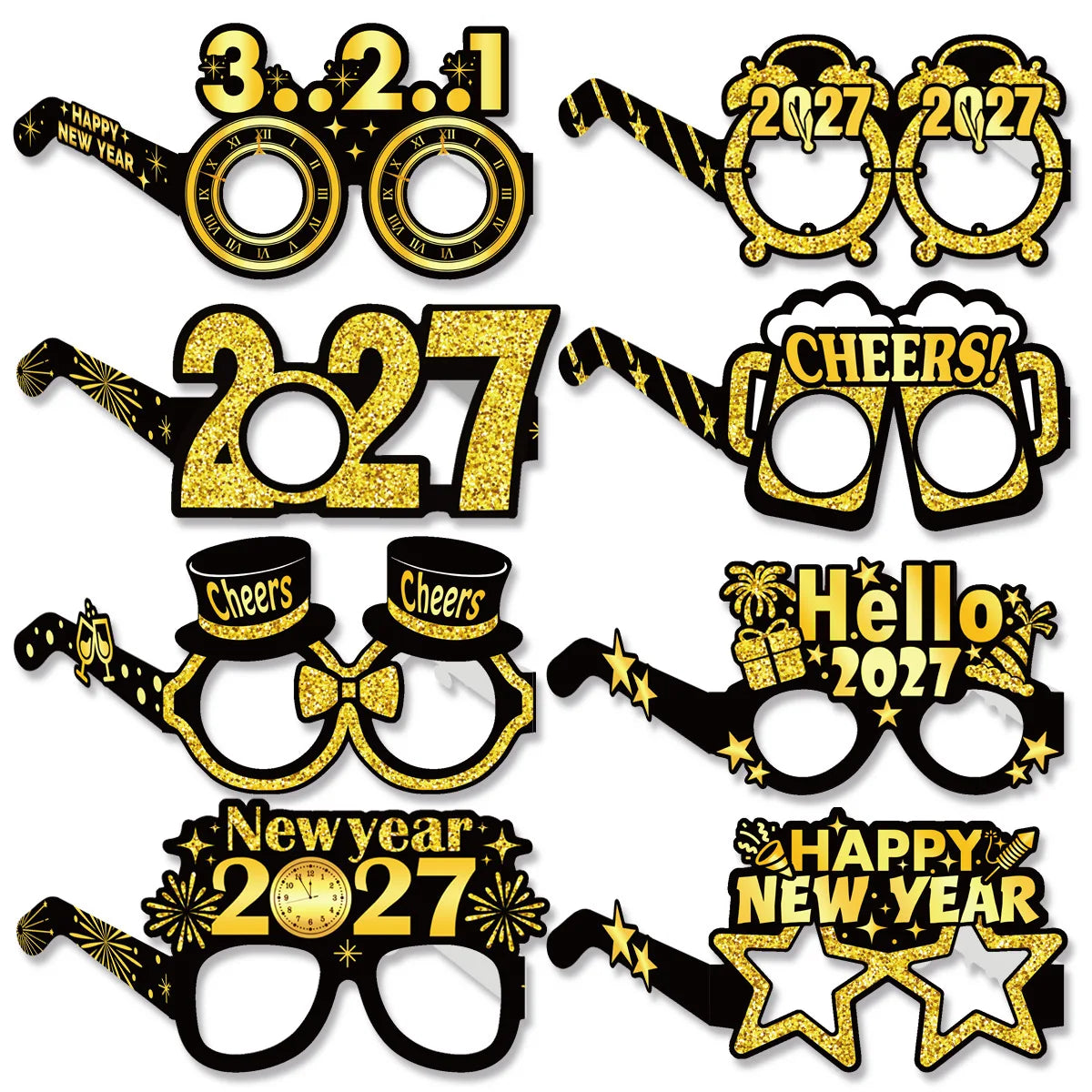 2027 Happy New Year Party Glasses – Black & Gold NYE Photo Prop Glasses