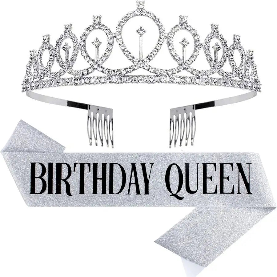 Birthday Queen Sash & Crystal Tiara Set – Birthday Girl Party Accessories for Any Age