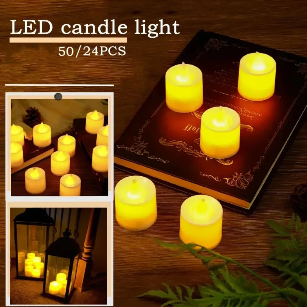 Battery tealights on a table for weddings and Christmas