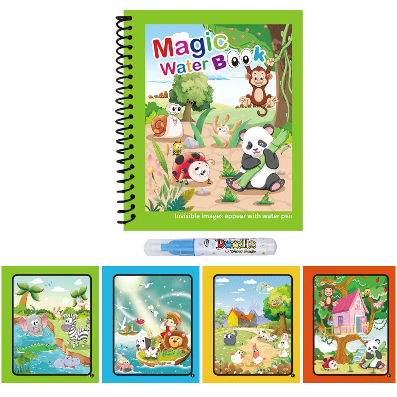 Magic Water Colouring Book with Pen – Reusable Mess-Free Kids Painting Book