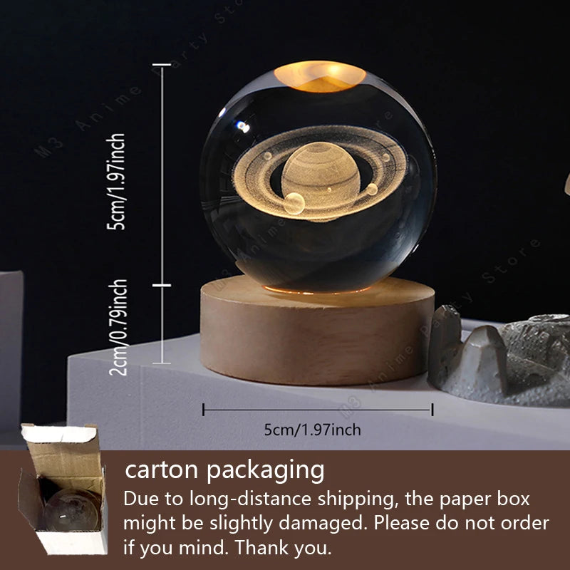 3D Crystal Ball Night Light with Wooden Base – Solar System, Moon & Galaxy Desk Lamp Gift