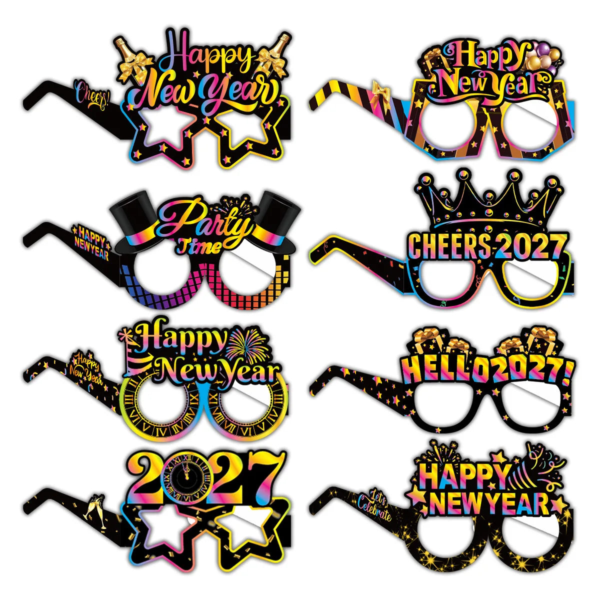 2027 Happy New Year Party Glasses – Black & Gold NYE Photo Prop Glasses