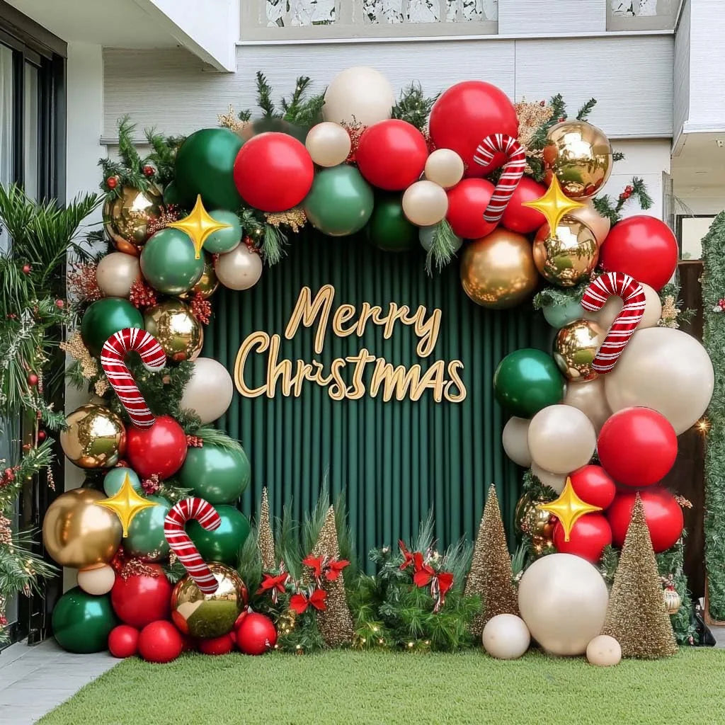 Red, green, white and gold Christmas balloon garland arch
