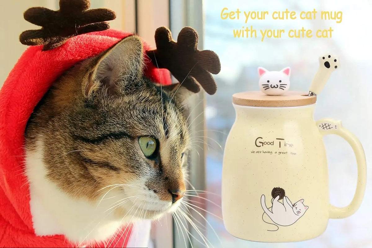 Cute Cat Mug with Lid & Spoon – Ceramic, 16oz