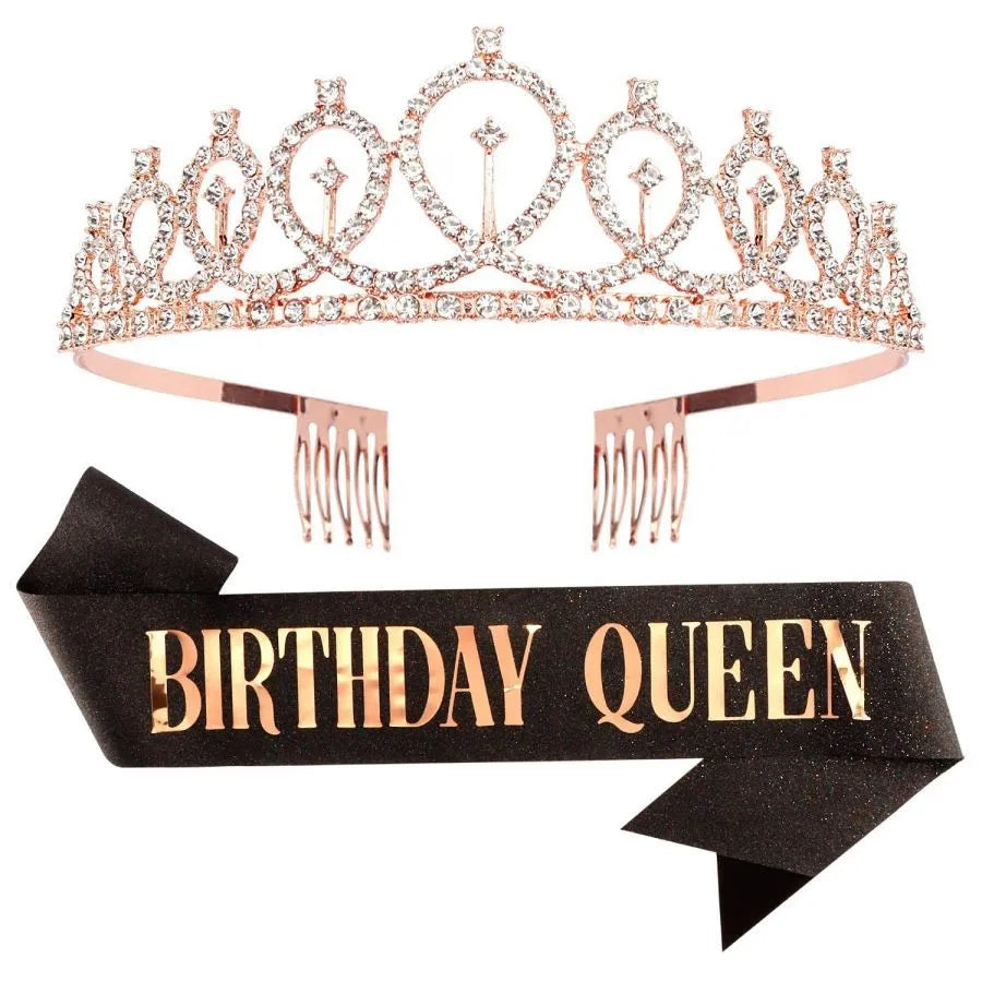 Birthday Queen Sash & Crystal Tiara Set – Birthday Girl Party Accessories for Any Age