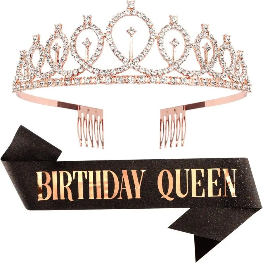 Birthday Queen Sash & Crystal Tiara Set – Birthday Girl Party Accessories for Any Age