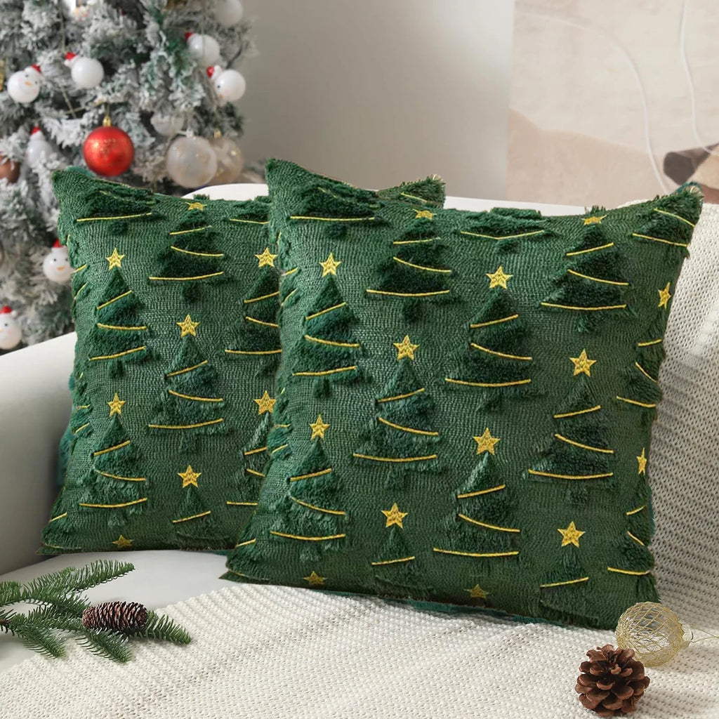 Plush Christmas tree cushion with gold stars