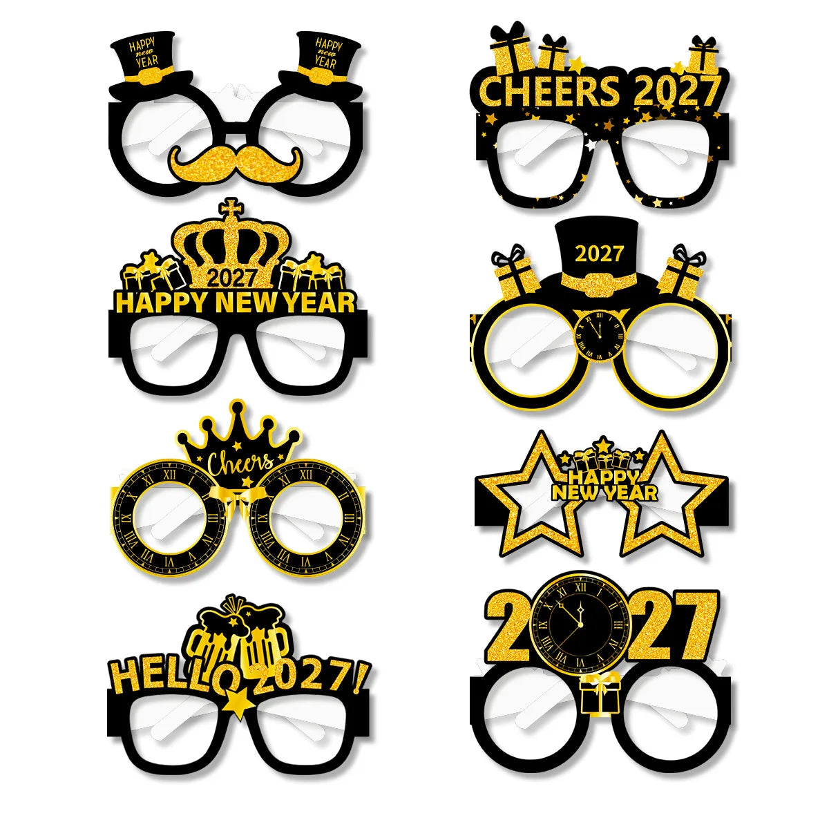 2027 Happy New Year Party Glasses – Black & Gold NYE Photo Prop Glasses