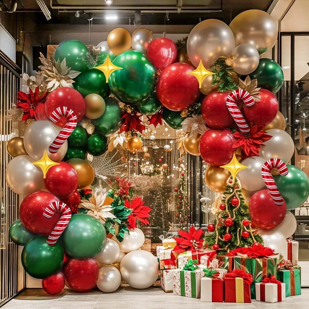 Christmas balloon arch with star and candy cane foils