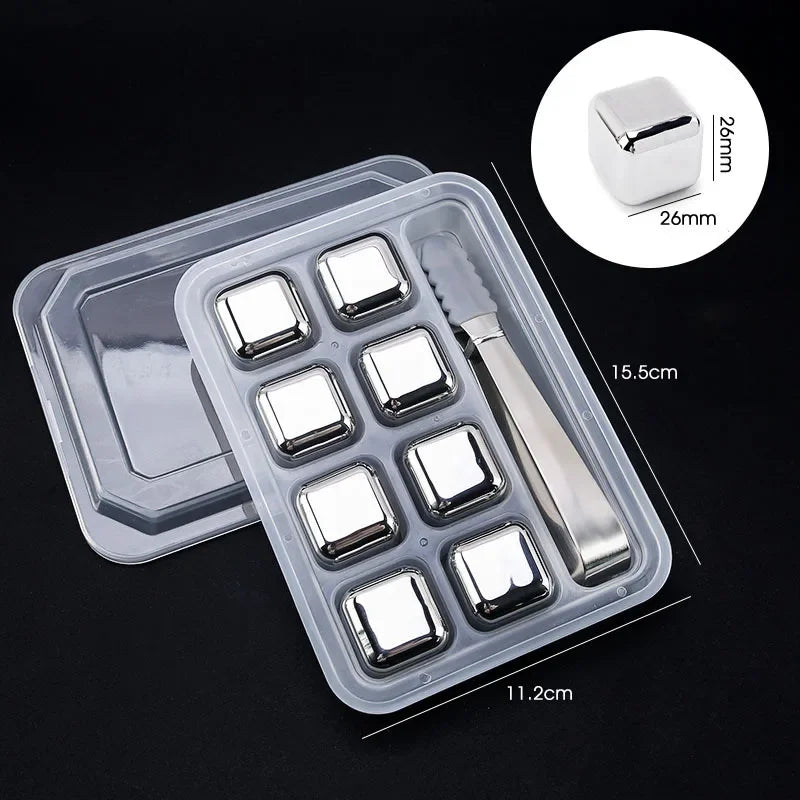 Stainless Steel Whisky Stones with Tongs – Reusable Ice Cubes (4, 6 or 8)