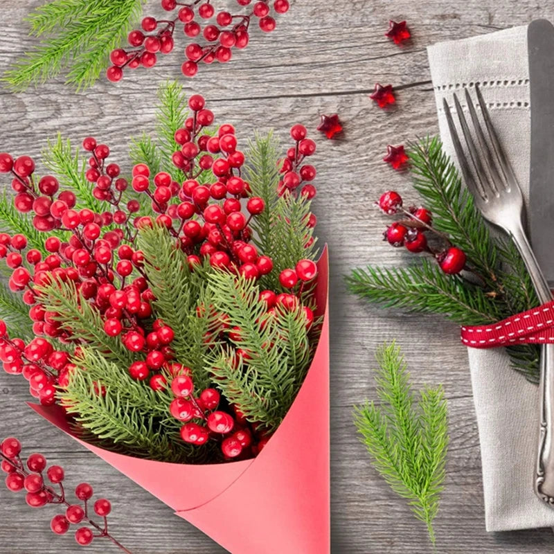Artificial Pine & Holly Berry Picks – 10 Christmas Stems for Wreaths & Garlands