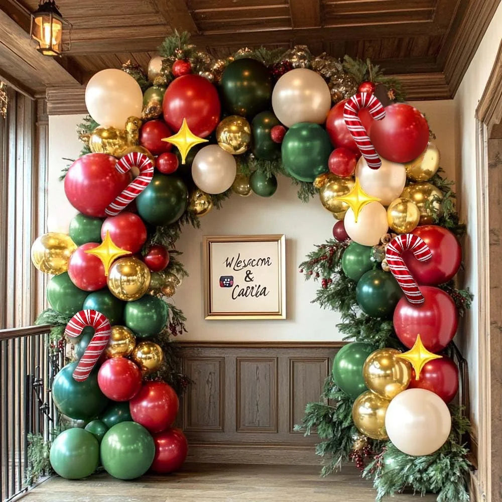 Christmas Balloon Garland Arch Kit – 111 Red, Green, Pearl White & Gold Balloons with Star & Candy Cane Foils
