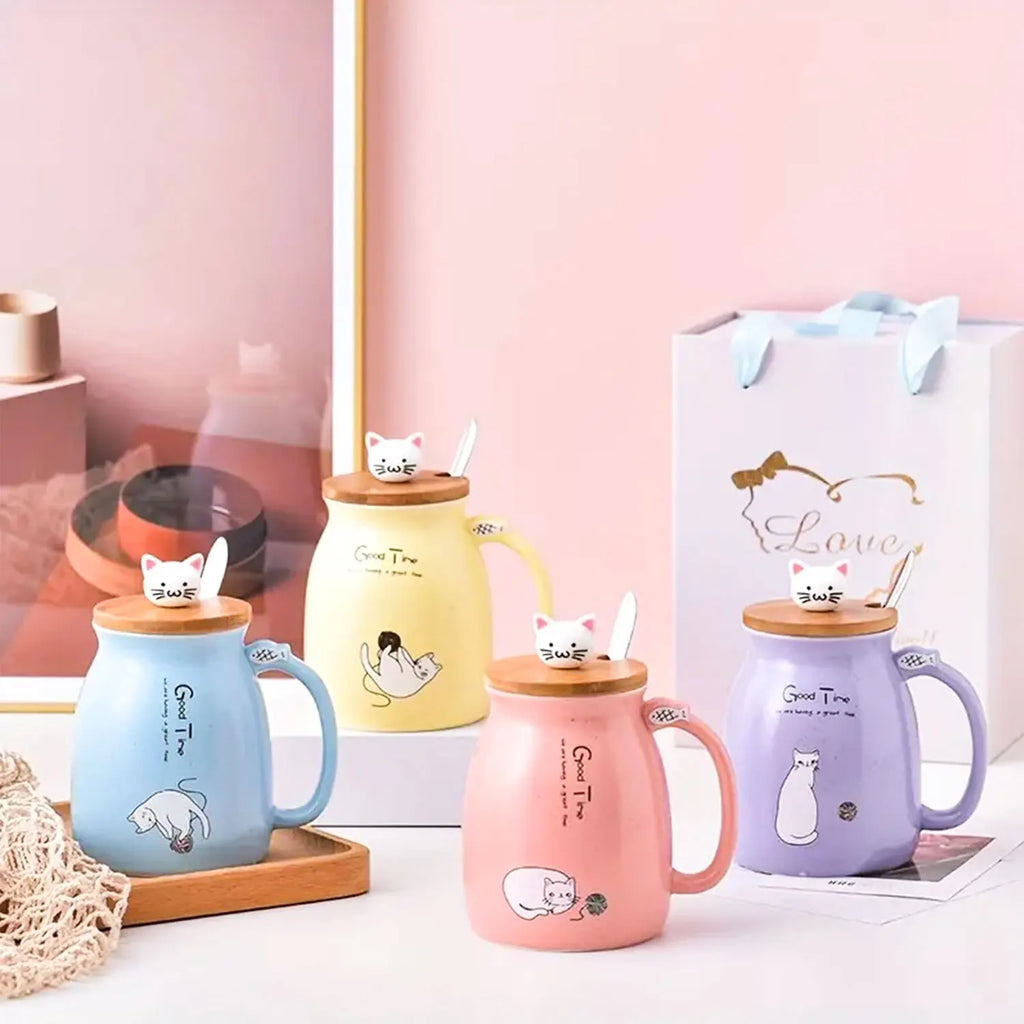 Cute Cat Mug with Lid & Spoon – Ceramic, 16oz