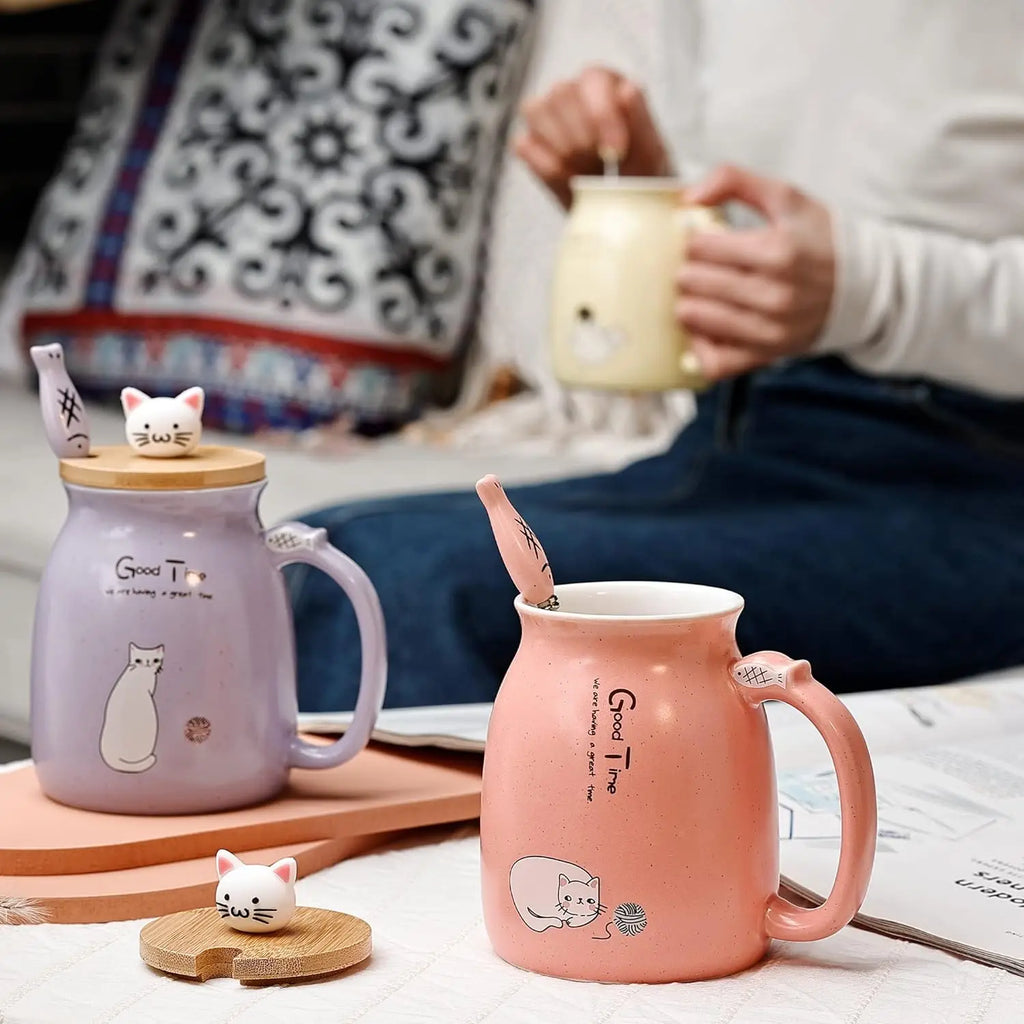 Cute Cat Mug with Lid & Spoon – Ceramic, 16oz