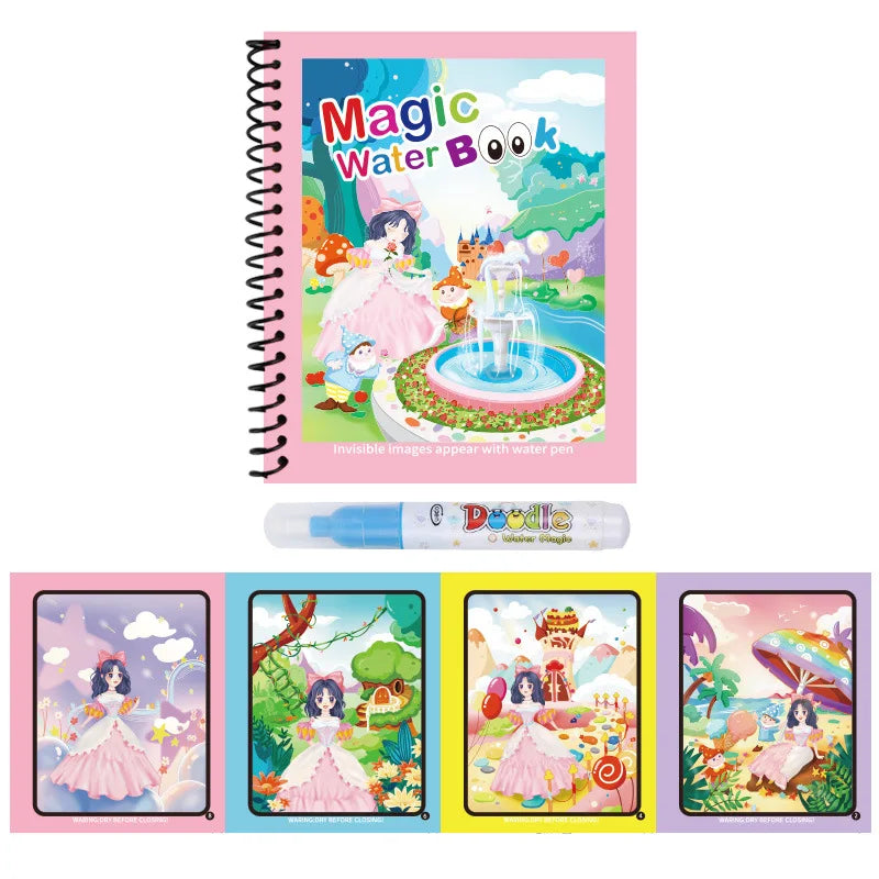 Magic Water Colouring Book with Pen – Reusable Mess-Free Kids Painting Book
