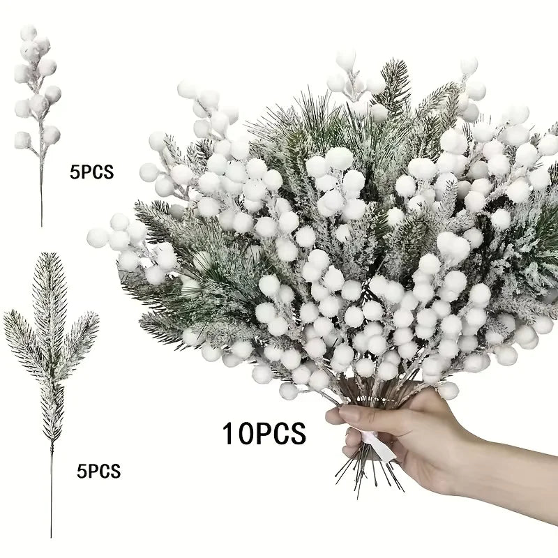 Artificial Pine & Holly Berry Picks – 10 Christmas Stems for Wreaths & Garlands