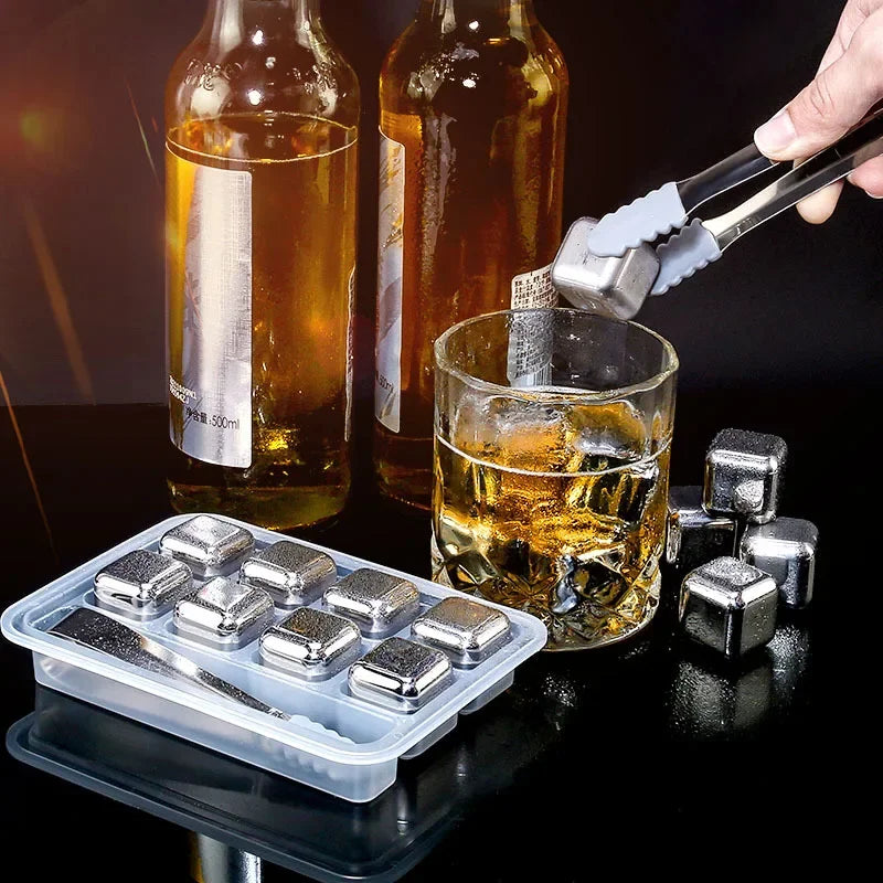 Stainless Steel Whisky Stones with Tongs – Reusable Ice Cubes (4, 6 or 8)