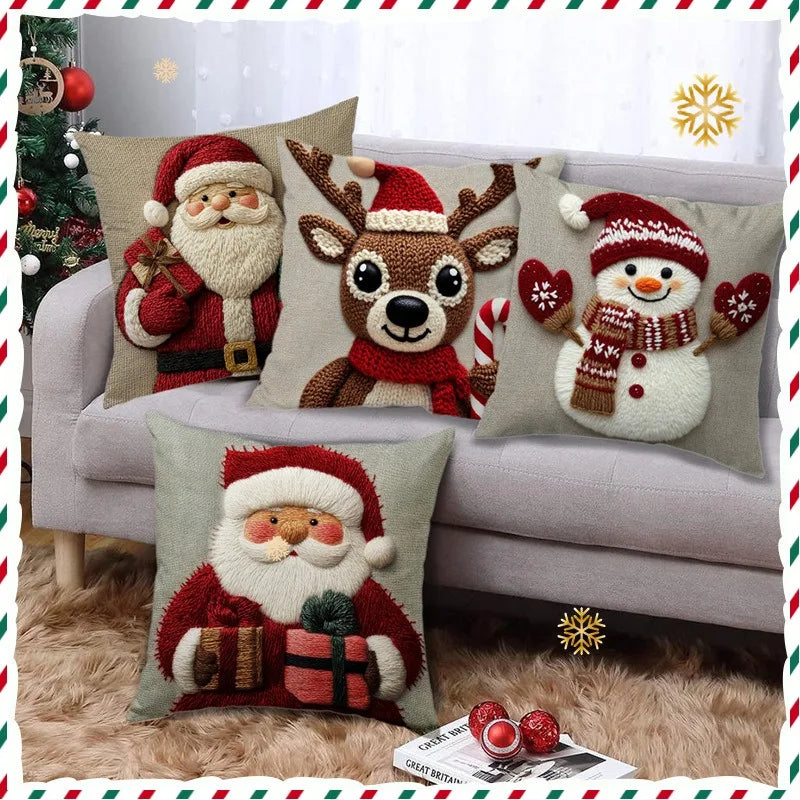 Christmas Cushion Cover 45 x 45 cm – Grey & Red Santa, Snowman & Reindeer