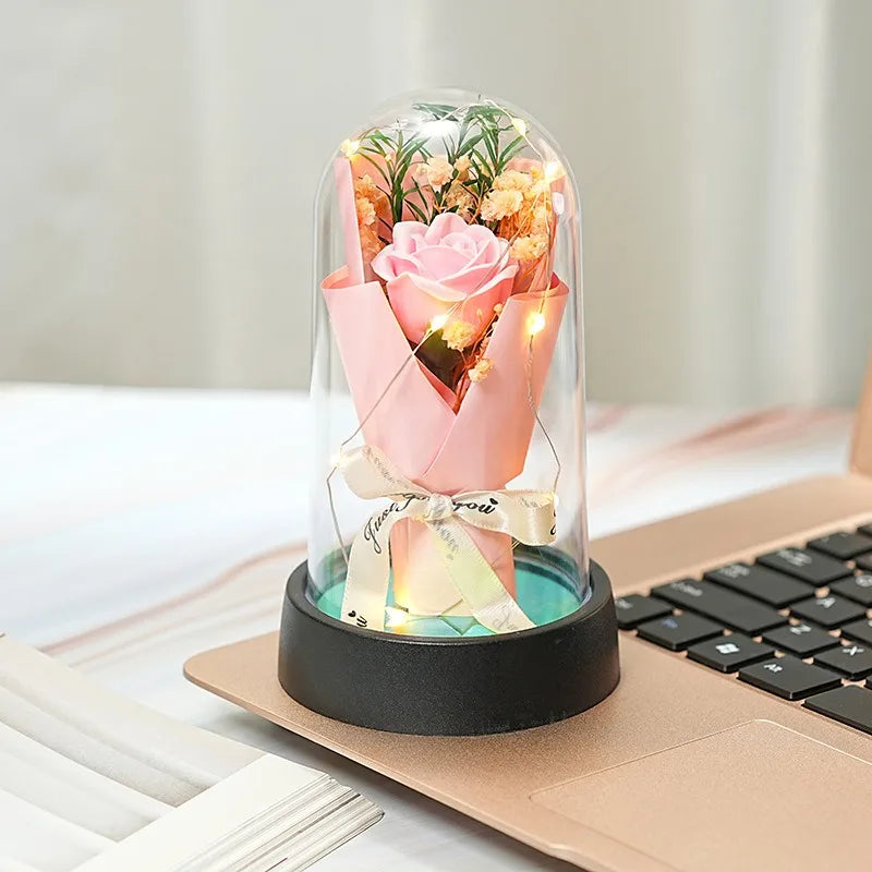 Forever Rose Bouquet in Glass Dome with LED Lights – Romantic Light-Up Keepsake Gift