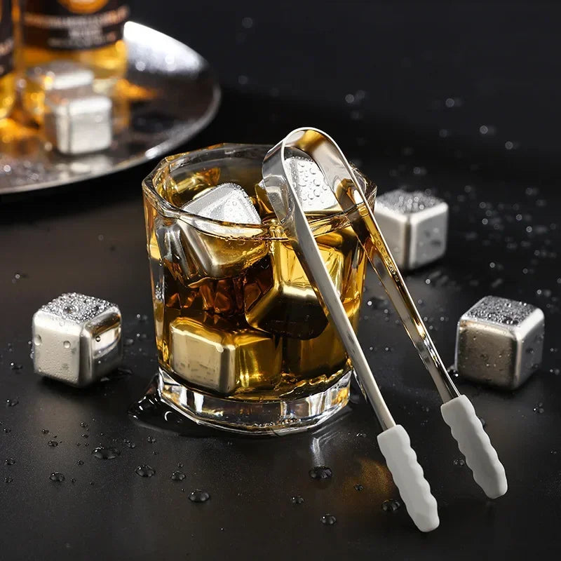 Stainless Steel Whisky Stones with Tongs – Reusable Ice Cubes (4, 6 or 8)