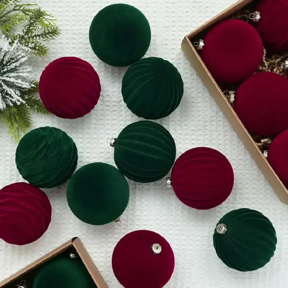 Flocked velvet baubles on a Christmas tree