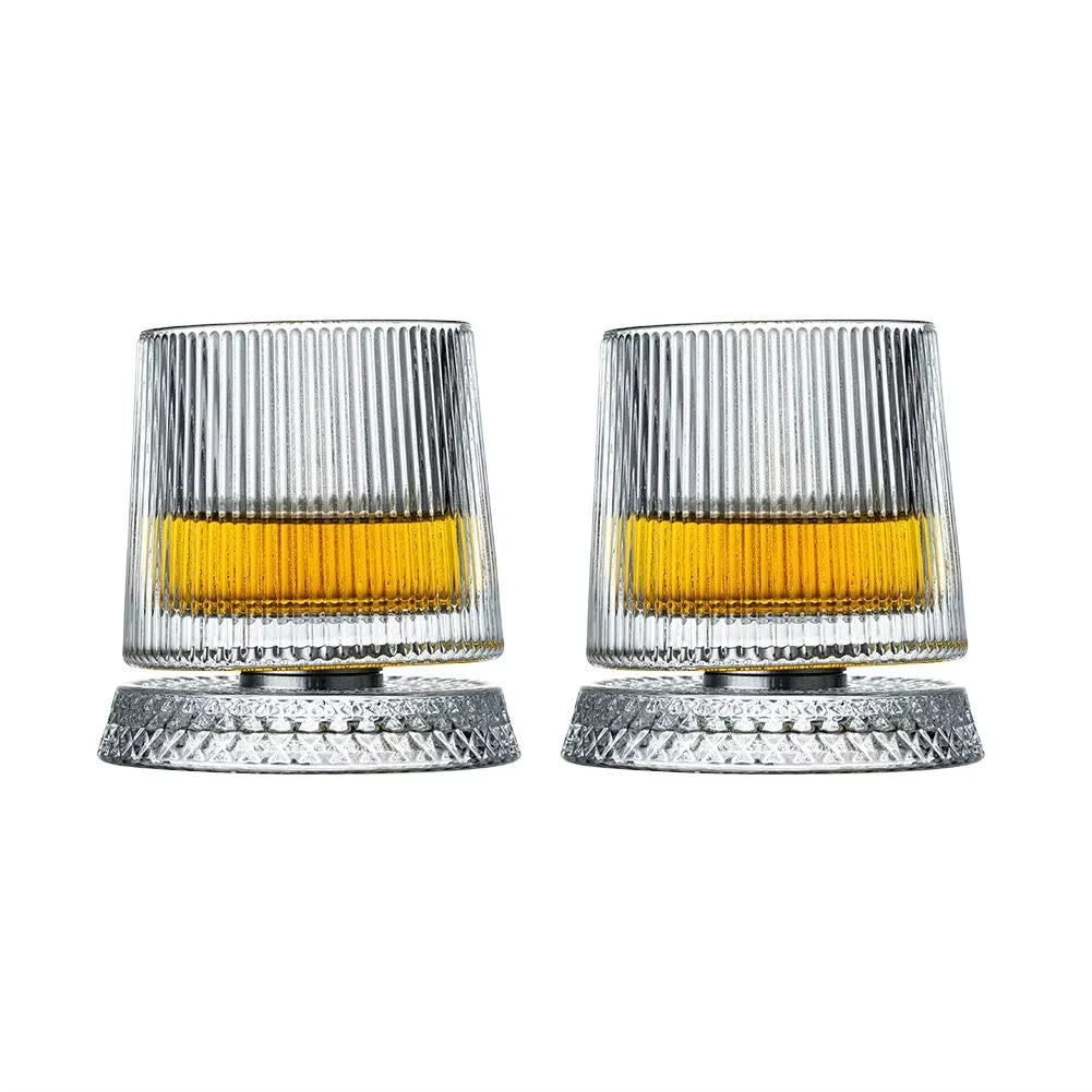 Spinning Whiskey Glasses Set of 2 – Rotating Whisky Tumblers with Glass Base, Gift for Him