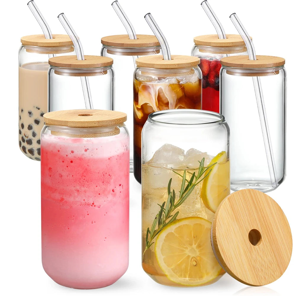 Can-shaped glass with bamboo lid and straw
