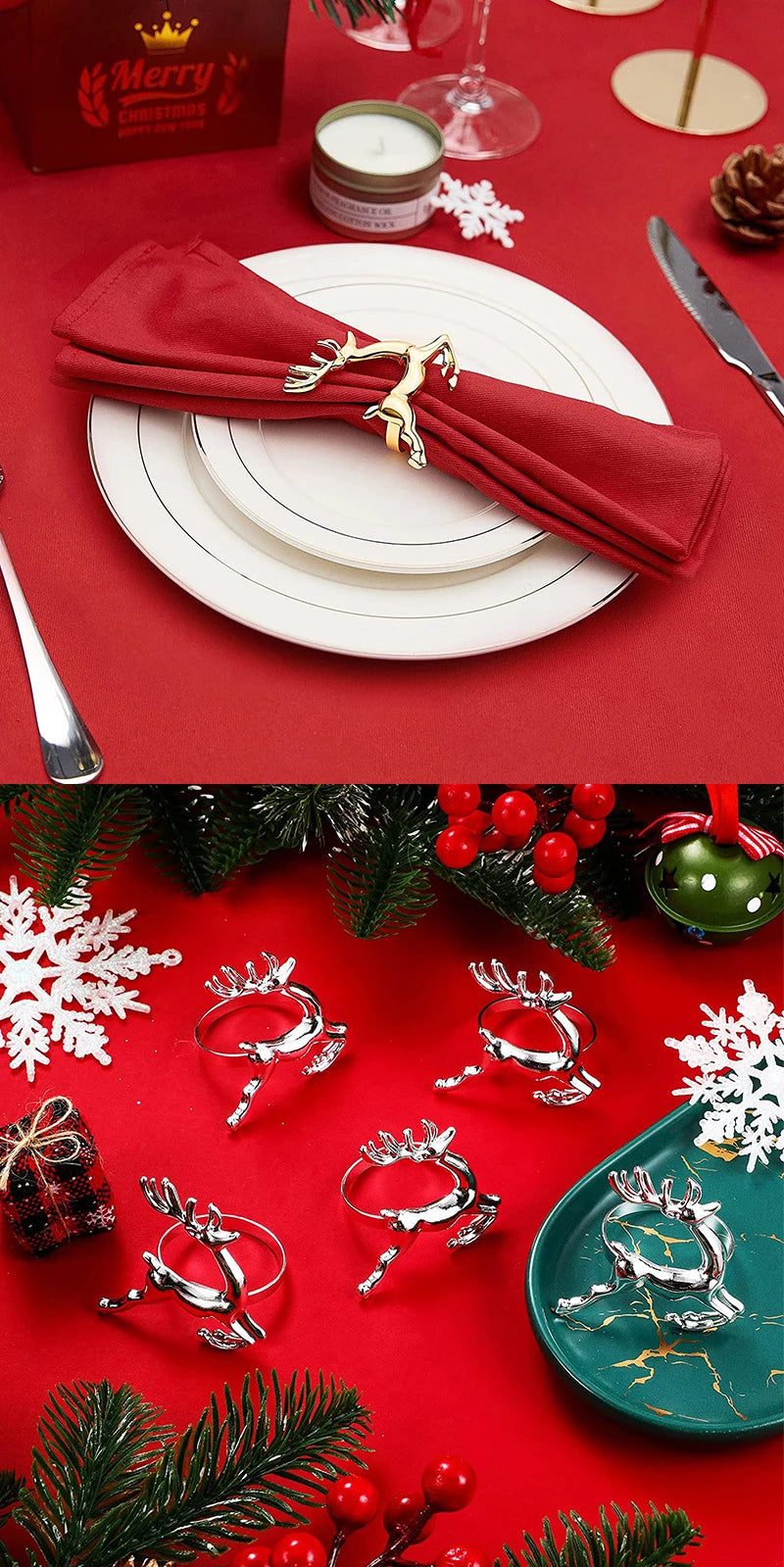 Reindeer Napkin Rings – Gold or Silver Christmas Napkin Holders (1, 6 or 12)