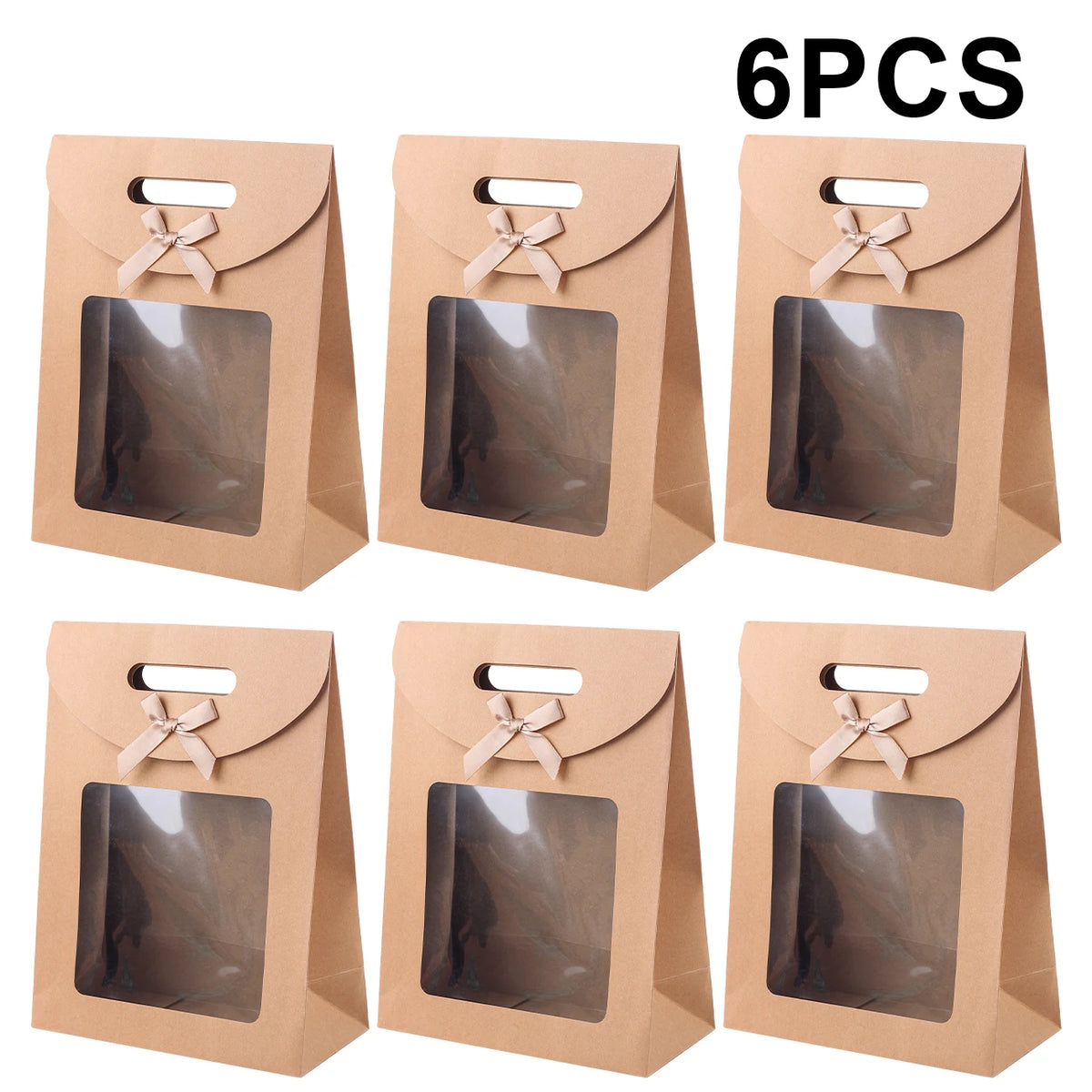 Kraft Paper Gift Bags with Window – Reusable Treat & Present Bags (6 or 12 Pack)